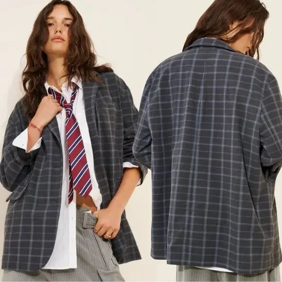 Free People Oversized Layering Menswear Reggie Blazer Blue Plaid Medium Preppy